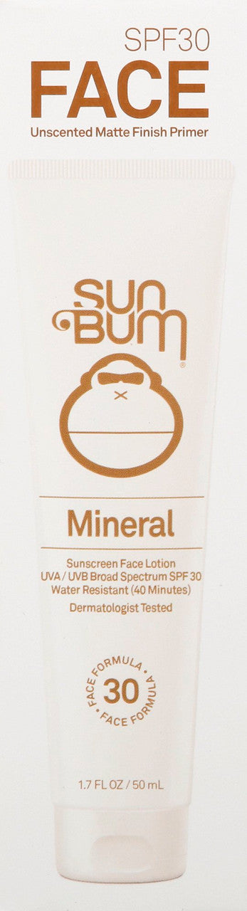 Sun Bum Mineral Face Lotion SPF 30 tube for matte finish, unscented daily sunscreen with broad-spectrum protection.