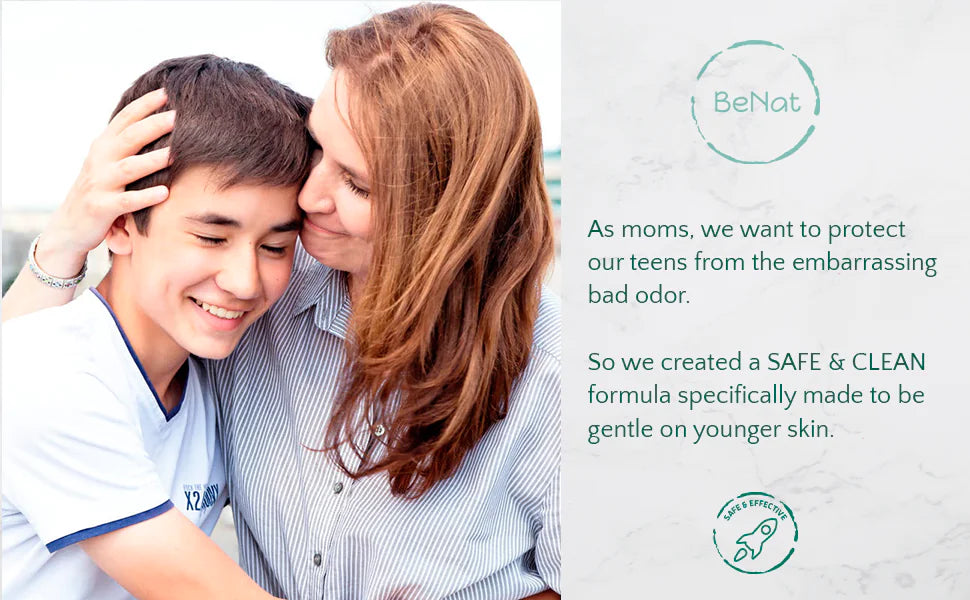 Image of a mom embracing her son, promoting BeNat’s All-Natural Deodorant for Kids & Teens for odor protection.