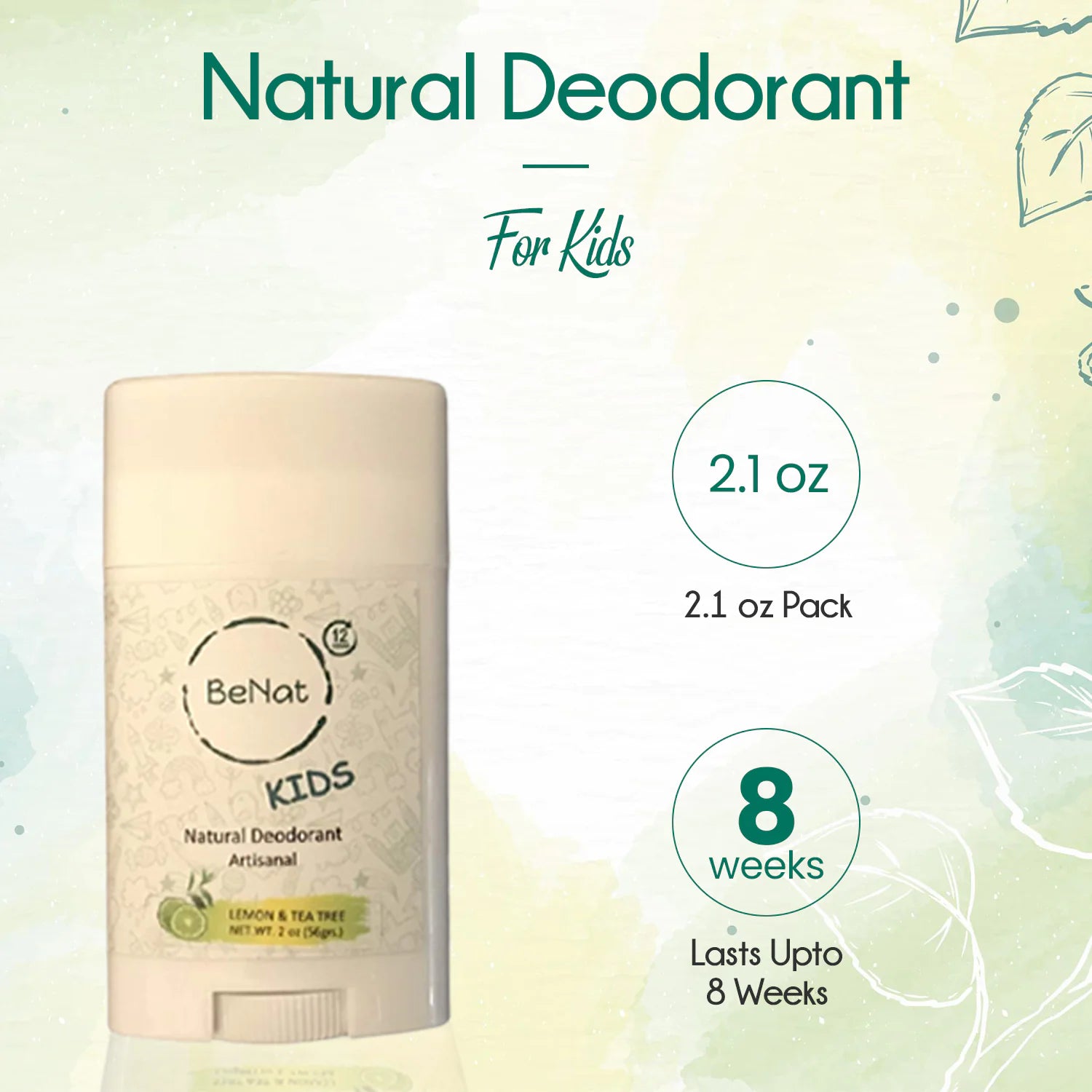 All-Natural Deodorant for Kids, BeNat 2.1 oz pack suitable for sensitive skin, lasts up to 8 weeks.