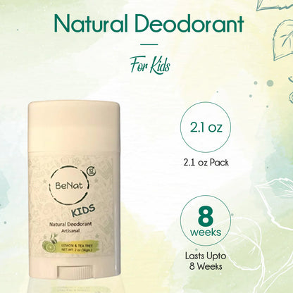All-Natural Deodorant for Kids, BeNat 2.1 oz pack suitable for sensitive skin, lasts up to 8 weeks.