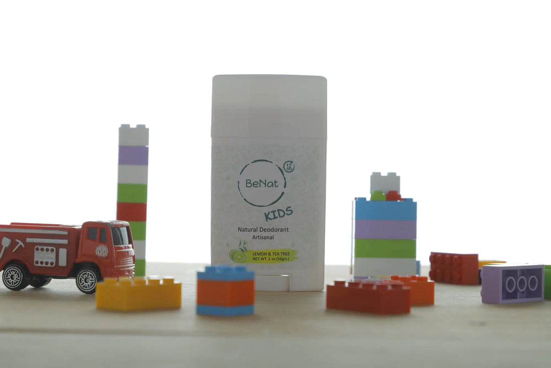 BeNat All-Natural Deodorant for Kids &amp; Teens surrounded by colorful building blocks and a toy fire truck.