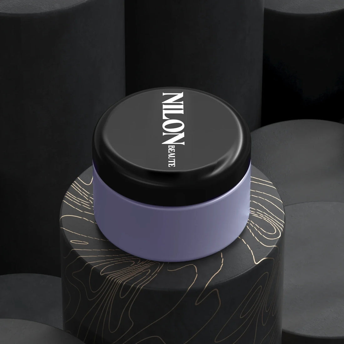 Exfoliating clay mask for sensitive skin in black and lavender packaging on textured background.