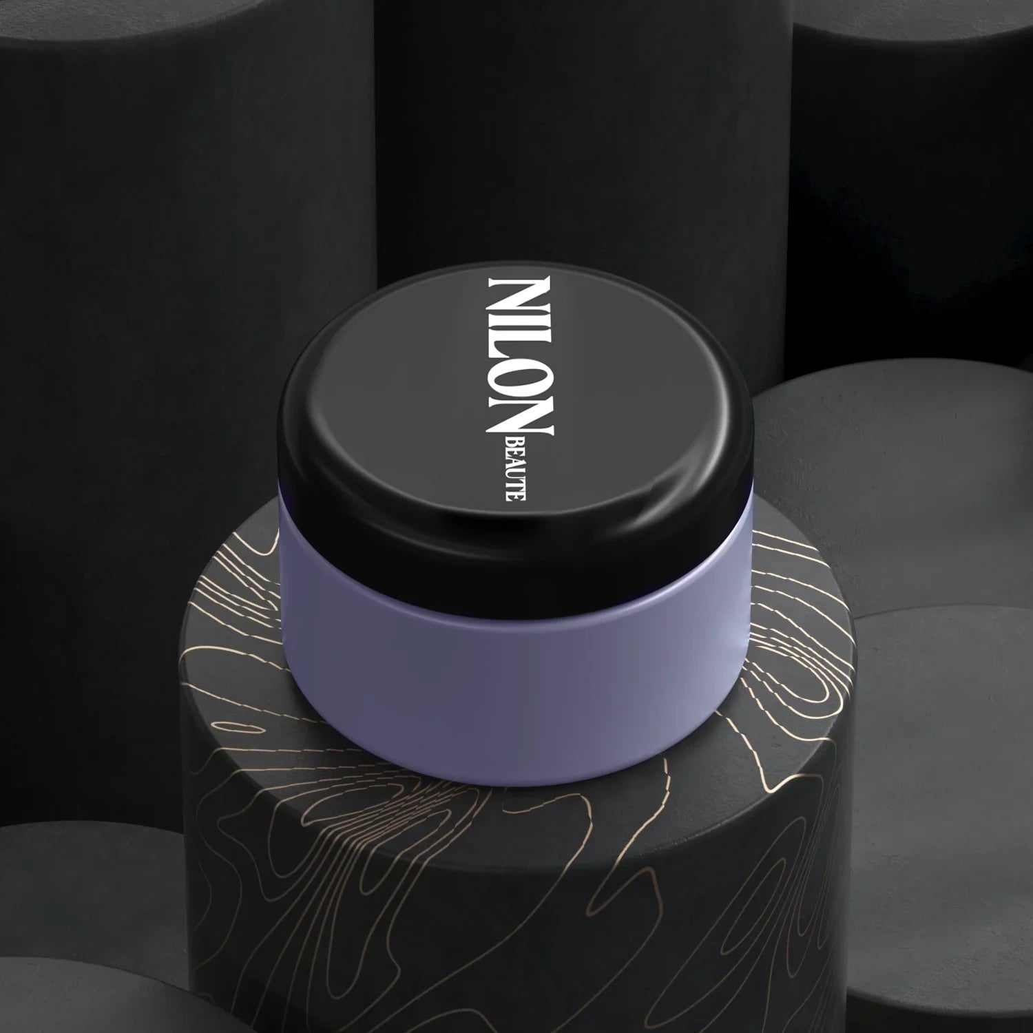 Exfoliating clay mask for sensitive skin in black and lavender packaging on textured background.