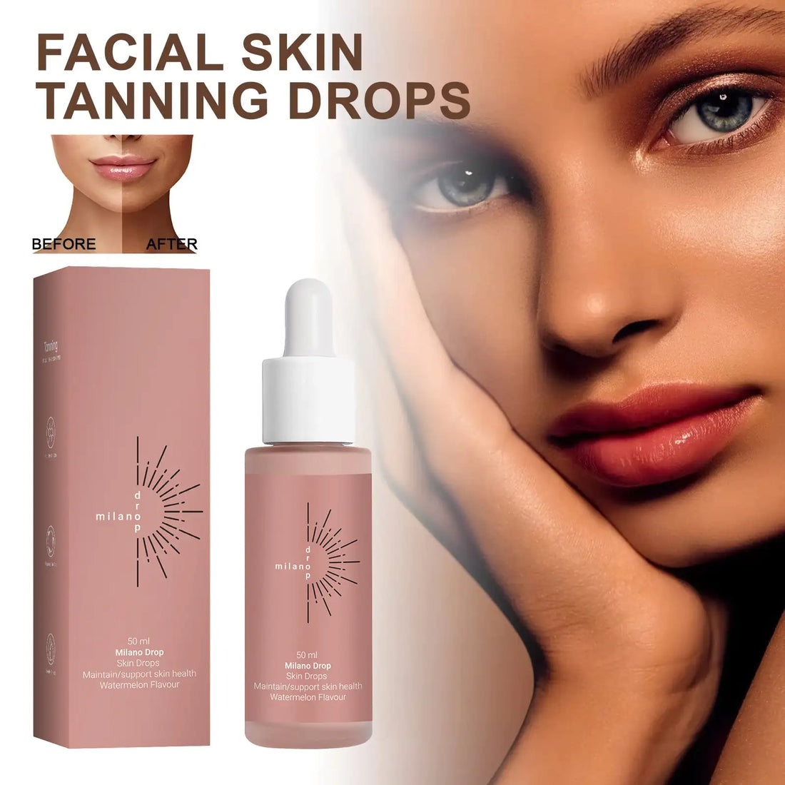 Model wearing Sun-Kissed Bronzing Serum Drops showing natural radiant glow